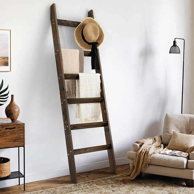 TEAKMAMA 6-Tier Blanket Ladder for Living Room and Bedroom,5.4 Ft Wall Leaning Quilt Rack with Hooks,Rustic Decorative Farmhouse Blanket Storage,Ladder Holder,Christmas Decorations,Rustic Brown
