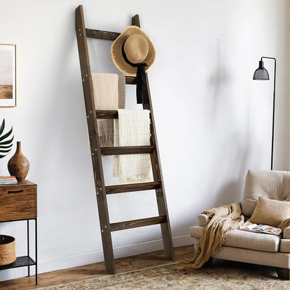 TEAKMAMA 6-Tier Blanket Ladder for Living Room and Bedroom,5.4 Ft Wall Leaning Quilt Rack with Hooks,Rustic Decorative Farmhouse Blanket Storage,Ladder Holder,Christmas Decorations,Rustic Brown