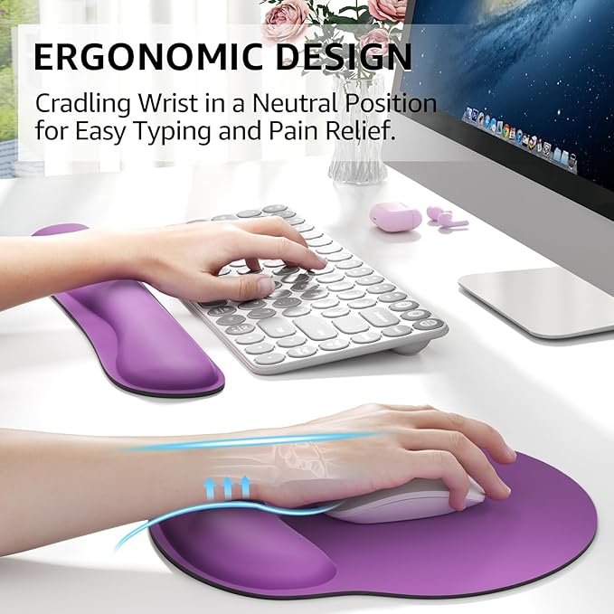 KTRIO Keyboard Wrist Rest & Mouse Pad with Wrist Rest Set, Violet Purple | Memory Foam Wrist Support, Ergonomic Design, Non-Slip Base, Office and Home Use