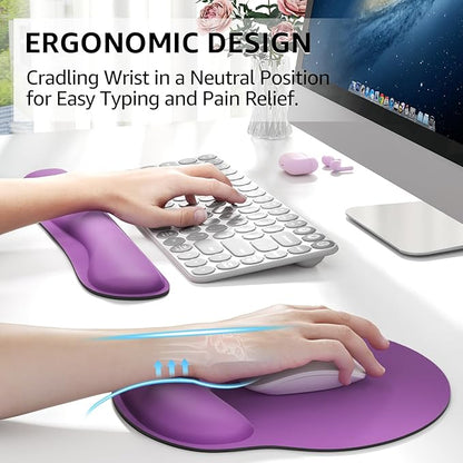 KTRIO Keyboard Wrist Rest & Mouse Pad with Wrist Rest Set, Violet Purple | Memory Foam Wrist Support, Ergonomic Design, Non-Slip Base, Office and Home Use