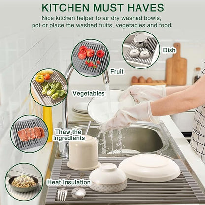 HANZENMA Roll Up Dish Drying Rack Over The Sink Kitchen Roll Up Sink Drying Rack Multipurpose Foldable Sink Drying Mat, Heat-Resistant, Anti-Slip & Anti-Rust Dish Rack for Kitchen, 17" x 13", Grey