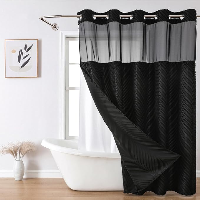 no Hook Shower Curtain and Liner Set，Boho Style with See Through Top Window, Black Fabric Tufted Striped Textured Outer Curtain & Waterproof Inner Liner, DarkBlack, 71Wx74H