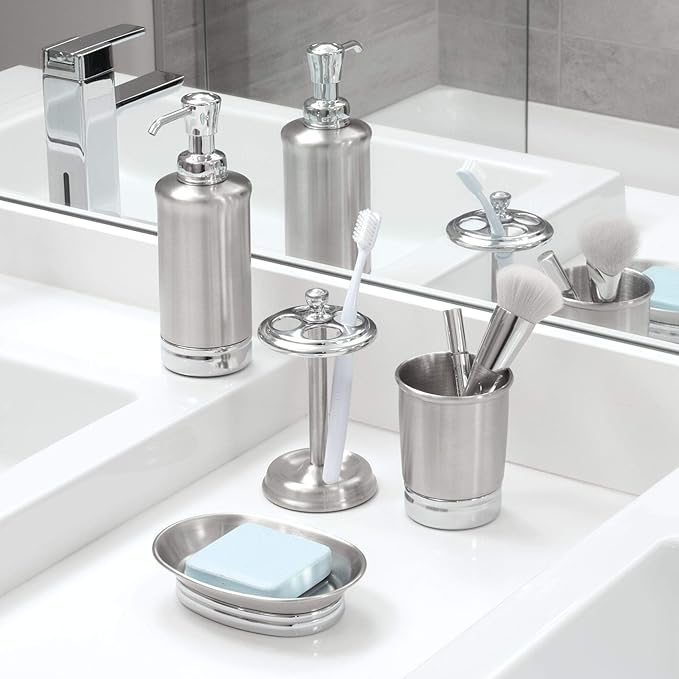 iDesign Steel Divided Toothbrush Holder Stand, The York Collection – Four Divided Compartments, 3.25” x 3.25” x 5.75”, Brushed Nickel & Polished Chrome