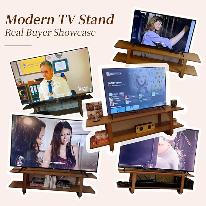 Tiita Bamboo TV Stand for 55 Inch TV, Entertainment Center with 2 Open Shelf, Mid Century Modern Media Console for Living Room, Bedroom, Wood