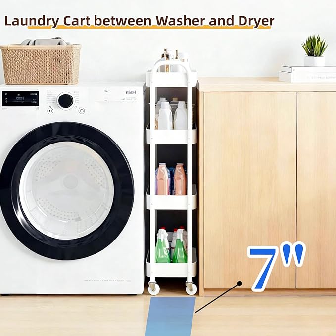 LIWNYRK 4 Tier Slim Kitchen Storage Cart for Narrow Space, 7.1'' Wide Metal Rolling cart with Wheels and Lockable Casters, Sturdy Mobile Thin Shelf for Laundry Room Between Washer and Dryer, White