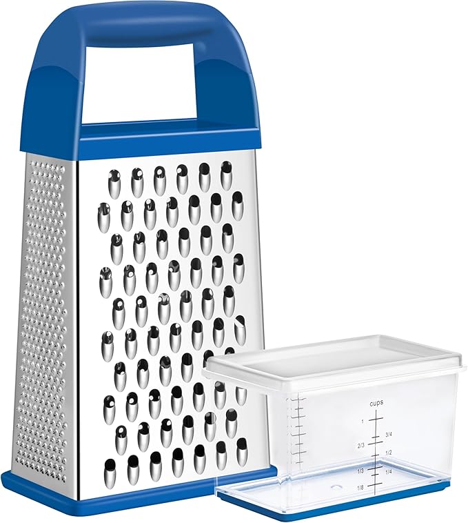Urbanstrive Cheese Grater With Container, Professional Cheese Grater with Handle, Stainless Steel Graters for Kitchen Handheld, Box Grater with 4 Sides for Vegetables, Ginger, Potatoes (Dark Blue)