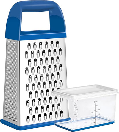 Urbanstrive Cheese Grater With Container, Professional Cheese Grater with Handle, Stainless Steel Graters for Kitchen Handheld, Box Grater with 4 Sides for Vegetables, Ginger, Potatoes (Dark Blue)