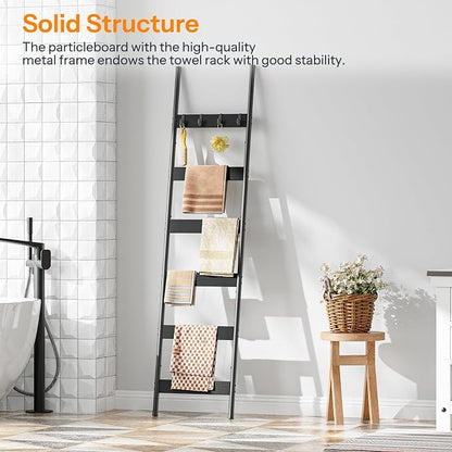 HOOBRO Blanket Ladder, 6-Tier Towel Rack with Hooks, Wall-Leaning Blanket Rack, Decorative Display Ladder Shelf, Scarves, Industrial, Living Room, Bedroom, Black BB66CJ01