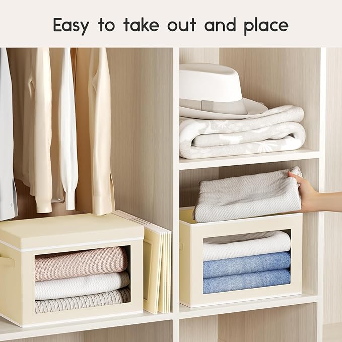 Collapsible Storage Bins with Lids - Stackable Storage Boxes with Window, 15.7 Inch Fabric Organizing Bins for Closet, Home & Office Organization Baskets, Beige, 3 Pack