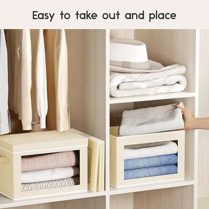 Collapsible Storage Bins with Lids - Stackable Storage Boxes with Window, 15.7 Inch Fabric Organizing Bins for Closet, Home & Office Organization Baskets, Beige, 3 Pack