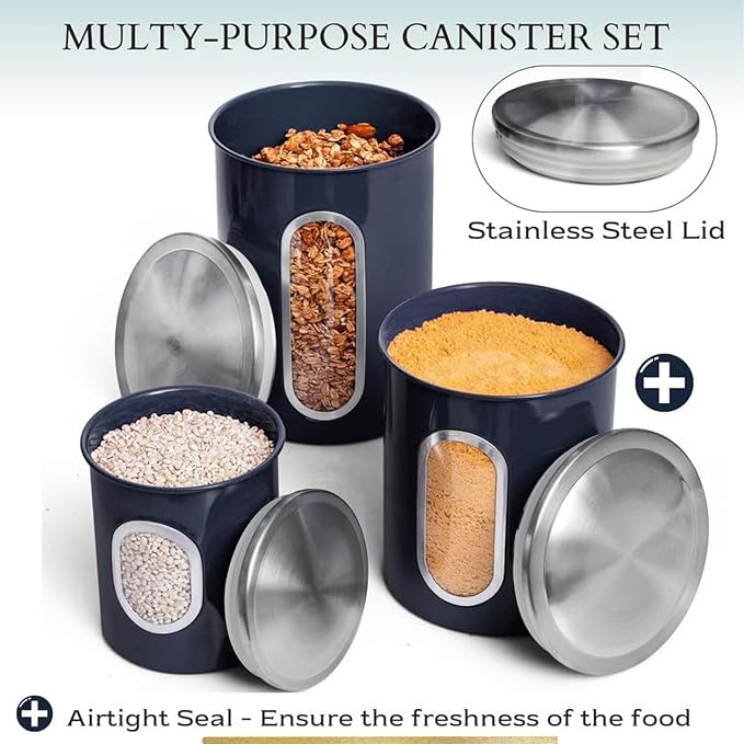 Mixpresso 3-Piece Blue Canisters Sets For The Kitchen, Airtight Canister Set With See Through Window, Storage Jars for Coffee Container, Tea Organizer & Sugar Canister, Blue Kitchen Canisters