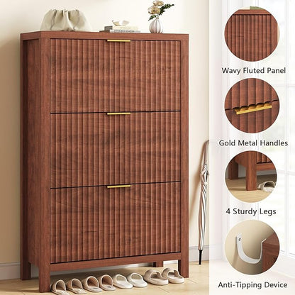 Shoe Cabinet Storage for Entryway, Fluted Shoe Cabinet with 3 Flip Drawers, Hidden Shoe Rack Tall Freestanding Shoe Organizer with Legs for Hallway, Walnut
