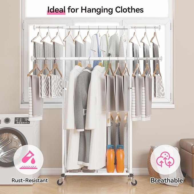 SUFAUY Double Rod 80" Tall Rolling Clothing Garment Rack for Hanging Dresses Clothes, with Caseter Wheels & Adjustable Rod & Shelves, White