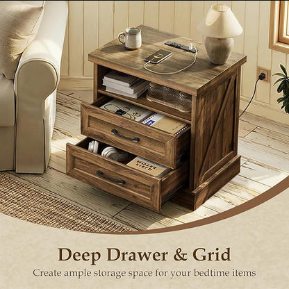 AODK 24 Inch Farmhouse Nightstand with Charging Station, Large Bedside Table with 2 Drawers, Rustic Wood End Table with Outlet and USB for Bedroom, Light Walnut