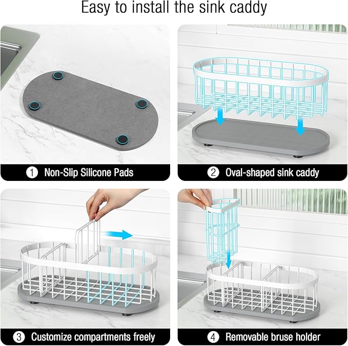 HOKEMOM White Sponge Holder for Kitchen Sink,Sink caddy organizer - 2.6mm Thick 304 Stainless Steel Caddy with Rust-Proof Coating, Non-Slip No-Drain Base. Dimensions: 9.84" x 4.72" x 5.83"