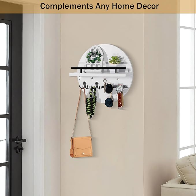Key Holder for Wall Decorative with Shelf and Hooks, Mail Organizer Wall Mount with Sunglasses Holder, Circular Design Entryway Key Rack Hanger, Rustic Home Decor for Mudroom