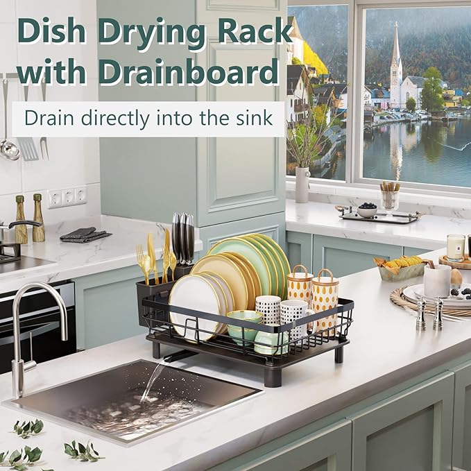 AIDERLY Metal Dish Drying Rack Automatic Drainage, Black, Large | Removable Cutlery Basket, Drainboard & Knife Slots, Dish Drainers, for Kitchen Counter Sink