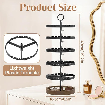 iDavosic.ly 5 Tier Rotating Earring Holder Organizer with Wooden Tray, Large Dangle Display Stands Tree with 285 Plastic Grooves, Adjustable Hoop Storage Rack, Space Saving Tower, Black & Brown