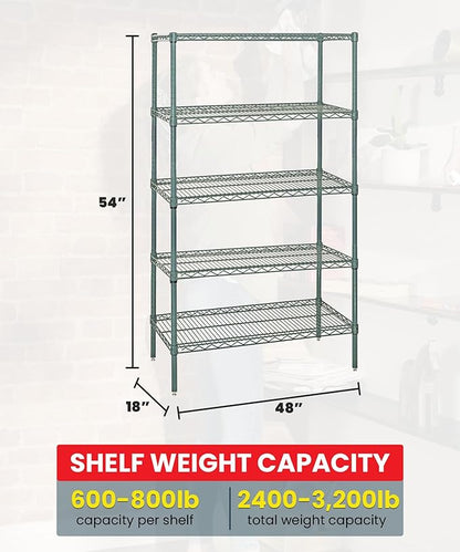QUANTUM STORAGE SYSTEMS WR54-1848P-5 Starter Kit Wire Shelves Green Epoxy 5 Shelves 54" H x 48" W x 18" D