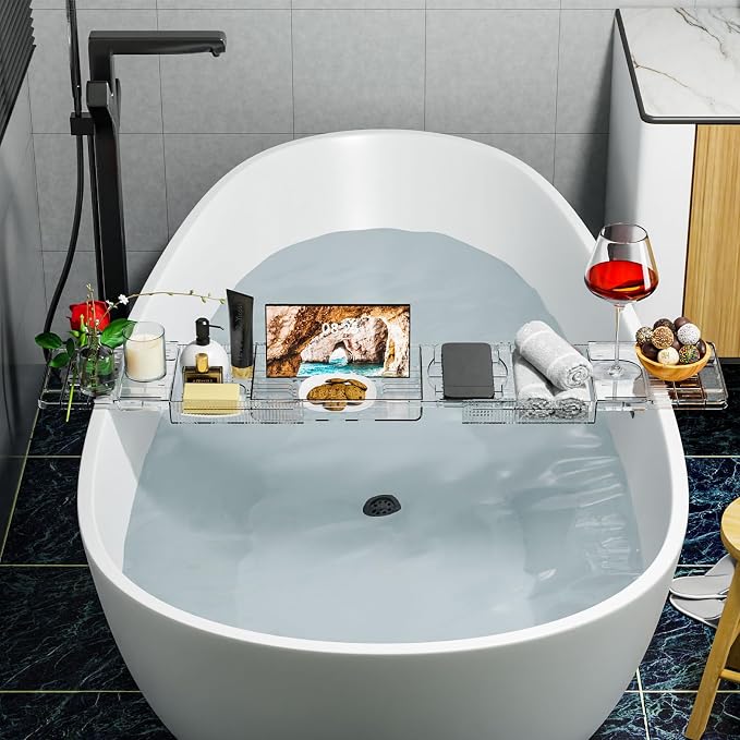 Yieach Iuxury Bathtub Trays For Tub,Expandable Bath Shelf Over Tub,Clear Bath Table,Bath Board,Bath Caddy Tray and Bath Tub Accessories for Women Relaxing With Bath Reading Book and Ipad Holder,1 Pack
