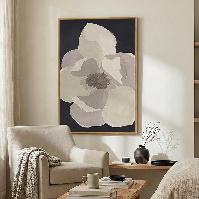 Framed Neutral Floral Modern Wall Art, Large Minimalist Canvas Prints Paintings Artwork for Walls, Contemporary Black Beige Flower Pictures for Living Room Dining Bedroom Hallway Wall Decor 24x36 In