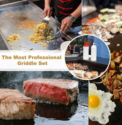ROMANTICIST 8pcs Professional Griddle Accessories Kit - Heavy Duty Stainless Steel Grill Spatula Set for Grill Griddle Hibachi Flat Top Outdoor Cooking - Great Grill Gift on Birthday Wedding