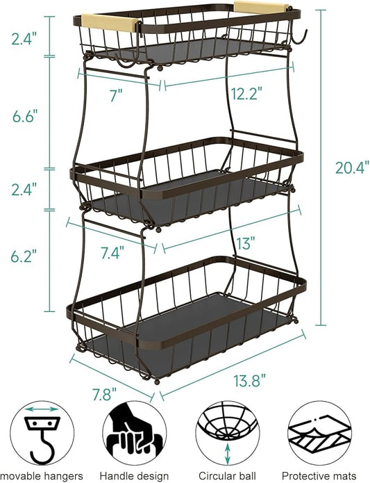 Sevenblue 2 Tier Large Fruit Basket for Kitchen Counter with 2 Mobile Banana Hangers, 2026 Pro Detachable Metal Fruit Bowl with Wooden Handle (Brown, 3 Tier)
