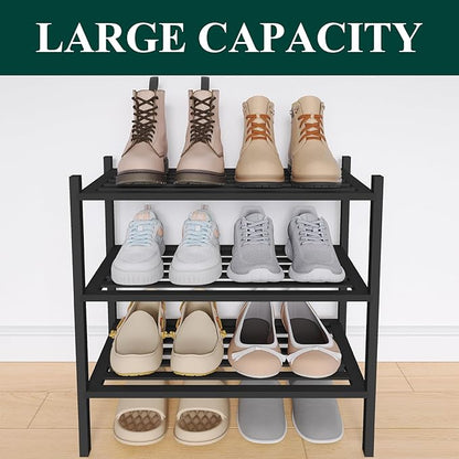 Smiry Small Bamboo Shoe Rack 3-Tier, Stackable Wooden Shoe Organizer for Entryway & Closet, Free Standing Wood Shoe Storage Shelf for Front Door & Small Spaces, Black
