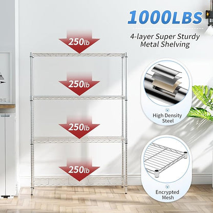 BestOffice | 4-Tier Wire Storage Shelves | 36x14x54 | Chrome | with Adjustable Racks | Heavy-Duty Metal Shelf, Holds Upto 1000 lbs | No-Tool Assembly | Ideal for Home & Garage Shelving