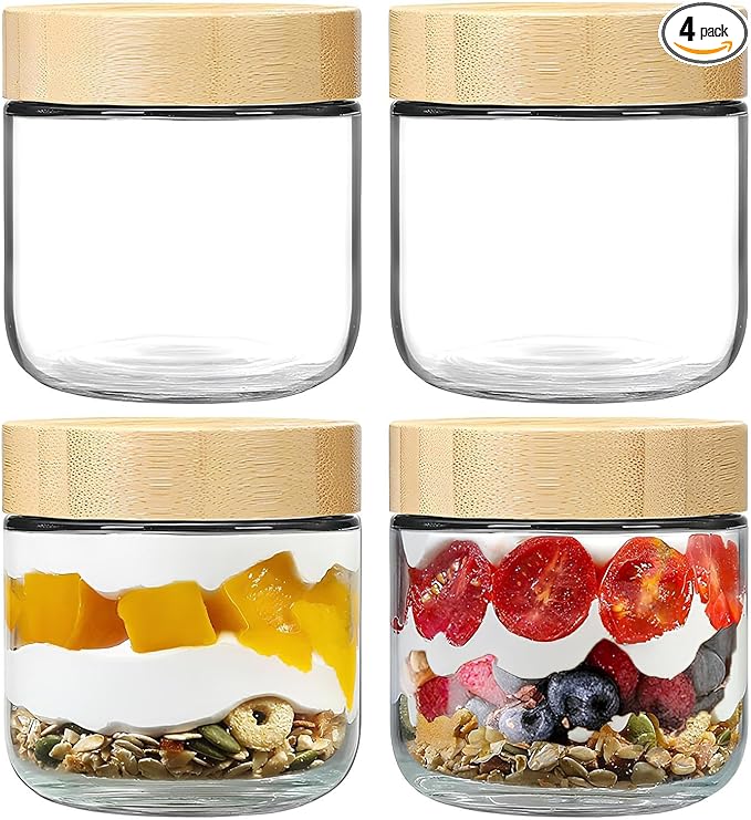 4 Pack 8 Oz Small Clear Glass Mason Jars, Wide Mouth Overnight Oats Jars, Containers with Airtight Lids for Chia Pudding Jam Snack Yogurt Overnight Oats Candy