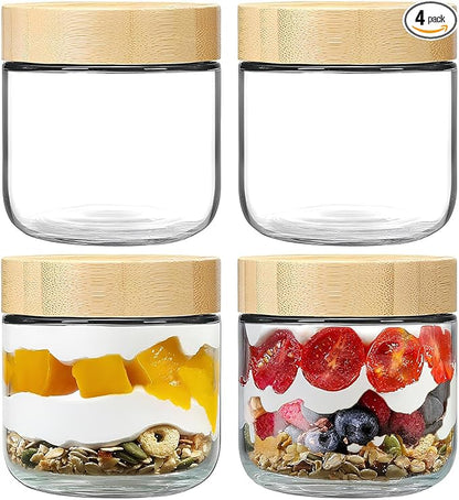 4 Pack 8 Oz Small Clear Glass Mason Jars, Wide Mouth Overnight Oats Jars, Containers with Airtight Lids for Chia Pudding Jam Snack Yogurt Overnight Oats Candy