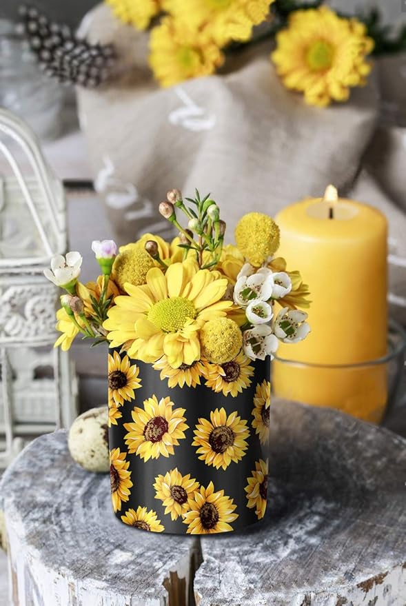 WAVEYU Pen Holder, Cute Pencil Holder for Desk, Makeup Brush Holder Floral Pattern, Pencil Cup for Girls Women, Durable Ceramic Desk Organizer Flower Decor for Office, Classroom, Sunflower