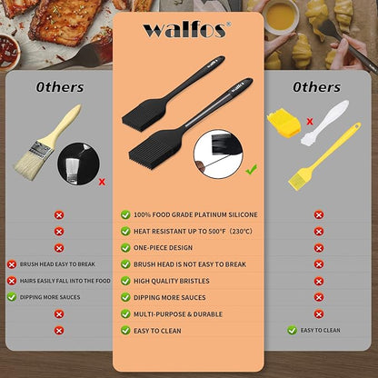 Walfos 600°F Heat Resistant Silicone Basting Brushes BPA Free Pastry Brush, Spread Oil Butter Sauce for BBQ Grill Baking Kitchen Cooking, Dishwasher Safe (2 SIZE)