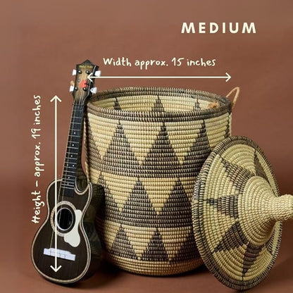 Laundry Basket - Tall and Large Set, Black Beige | Blanket Basket - Living Room, Clothes Hamper - Bed Room, Toys Bin - Nursery | Round, Sturdy, Aesthetic, Hood, Handles, Wicker, Hand Woven, Senegal