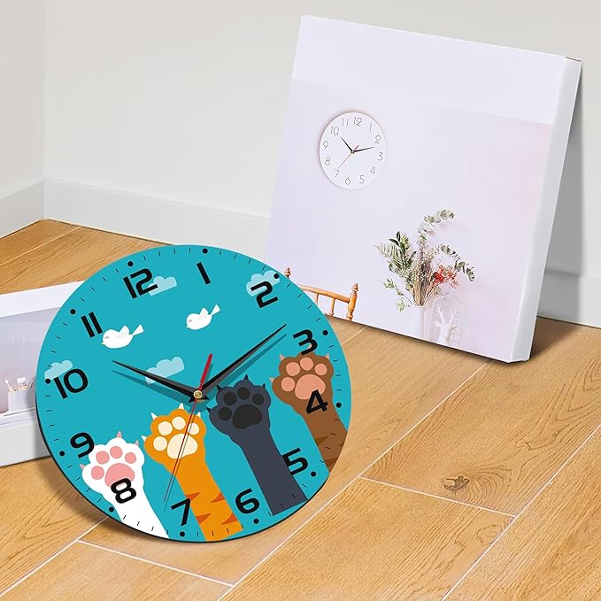 Cute Cat Paw Wall Clock - Vintage Wooden, Silent Non-Ticking, Battery Operated, Arabic Numerals - Decorative for Kitchen, Office, Classroom - 10 Inch