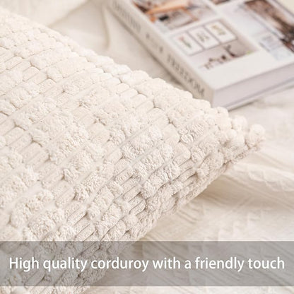 Aegero Pack of 2 Corduroy Decorative Throw Pillow Covers 12x24 Inch Soft Striped Pillow Covers Modern Farmhouse Home Decor for Sofa Living Room Couch Bed（Cream White）