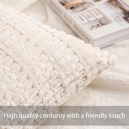 Aegero Pack of 2 Corduroy Decorative Throw Pillow Covers 18x18 InchSoft Boho Striped Pillow Covers Modern Farmhouse Home Decor for Sofa Living Room Couch Bed（White）