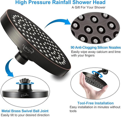 High Pressure Rainfall Shower Head, 6 Inches Showerhead with Perfect Adjustable Replacement, Removable Restrictor, Easy Installation for Bathroom Shower Head (Oil Rubbed Bronze+Shower Arm)