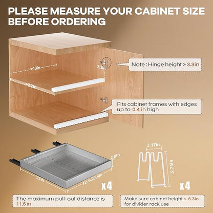 Seinloes 4 Pack Pull out Cabinet Organizer 21"Deep With Raising Pad for Framed Cabinets, Expandable Slide out Drawers for Kitchen Cabinets with 4pcs Divider Racks,Roll out Shelves 12.1"-20.4" W Silver