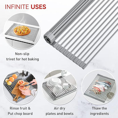 MERRYBOX Roll Up Dish Drying Rack, Over The Sink Dish Rack Foldable, Heat-Resistant, Anti-Slip Silicone Coated Steel Dish Drainer for Kitchen Sink, Multipurpose Roll Up Sink Drying Rack, 17.5" x 13"