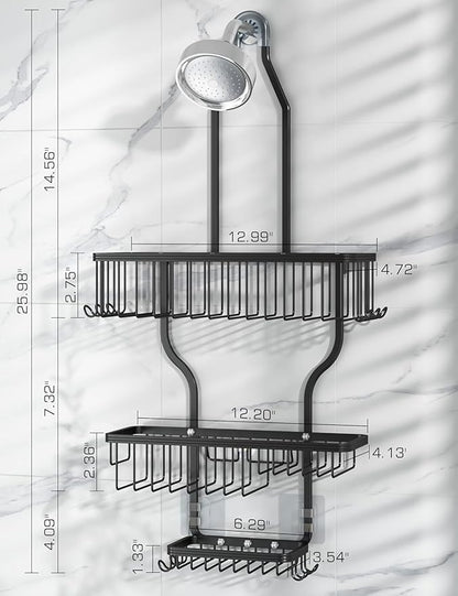 YASONIC Never Rust Shower Caddy Hanging, Aluminum Shower Racks for Inside Shower, 3-Tier Shower Organizer Hanging Over Shower Head with Hooks and Soap Holder, Black