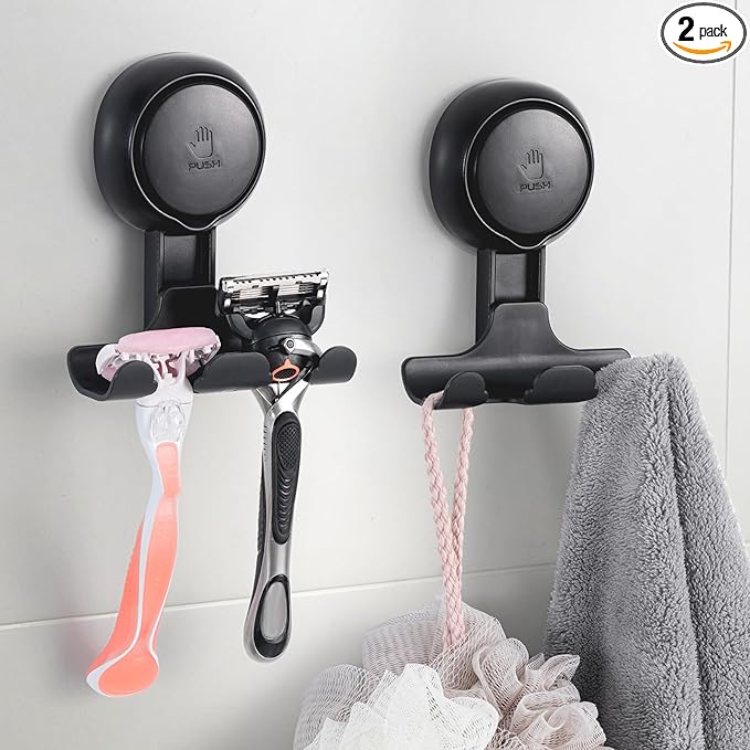 LEVERLOC Razor Holder for Shower 2 Pack, Powerful Vacuum Suction Cup Hook for Towel, Loofah, Razor, Squeegee, Damage-Free Wall Shower Hook, Shaver Holder for Bathroom, Easy to Install and Reuse, Black