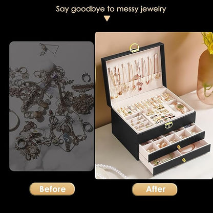 GUOER Jewelry Box for Women Girl Wife 3 Layers Large PU Leather Jewelry Organizer Storage Case with Two drawers Display for Earrings Bracelets Rings Watches (Apricot)