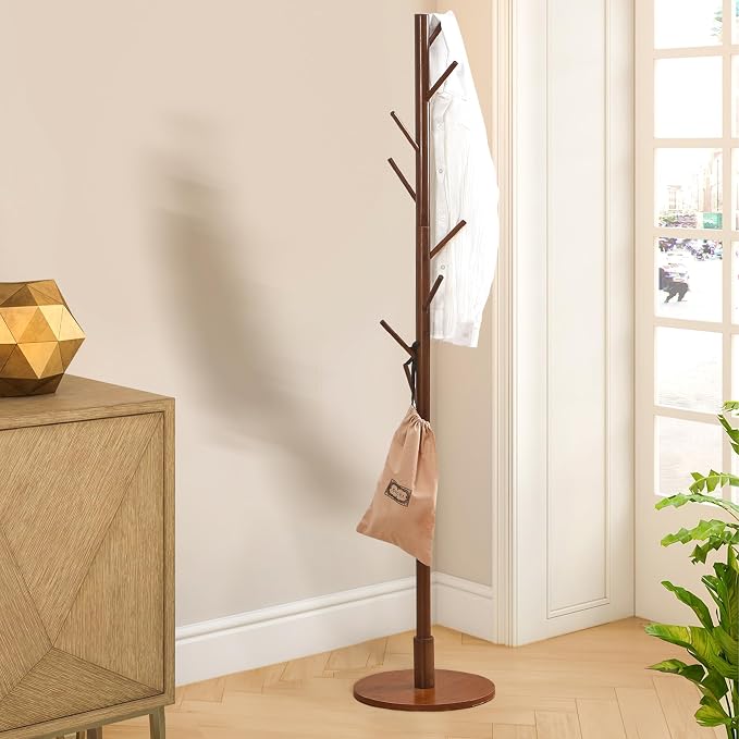 VECELO Coat Rack Freestanding, Entryway Hanger Stand, Umbrella Holder, Hall Tree With Hooks, Floor Standing Tree Stand,Walnut
