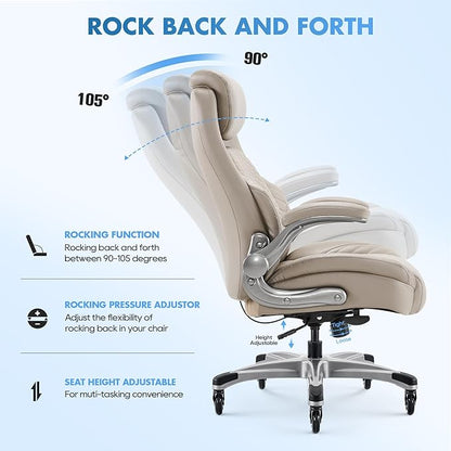COLAMY Office Chair Ergonomic Desk High Back Executive Chair with Pop-Out Lumbar Support, Upgraded Casters, Adjustable Headrest, Flip-Up Arms, Leather Home with Thick Cushion for Comfort - Khaki
