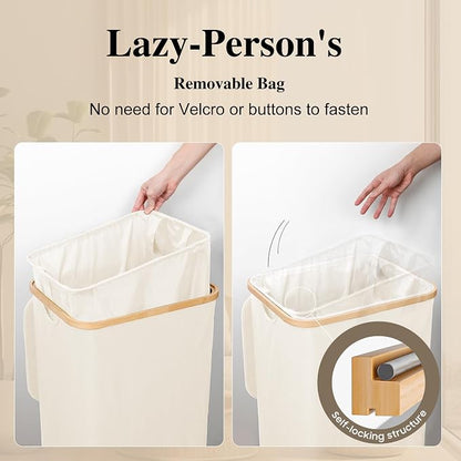 Foluck Large Laundry Hamper, 100L Waterproof Laundry Basket with Lid and Removable Bag, Collapsible Tall Clothes Hamper with Bamboo Handles for Clothes Toys in Dorm Bedroom Bathroom, Beige, ZYL101-W