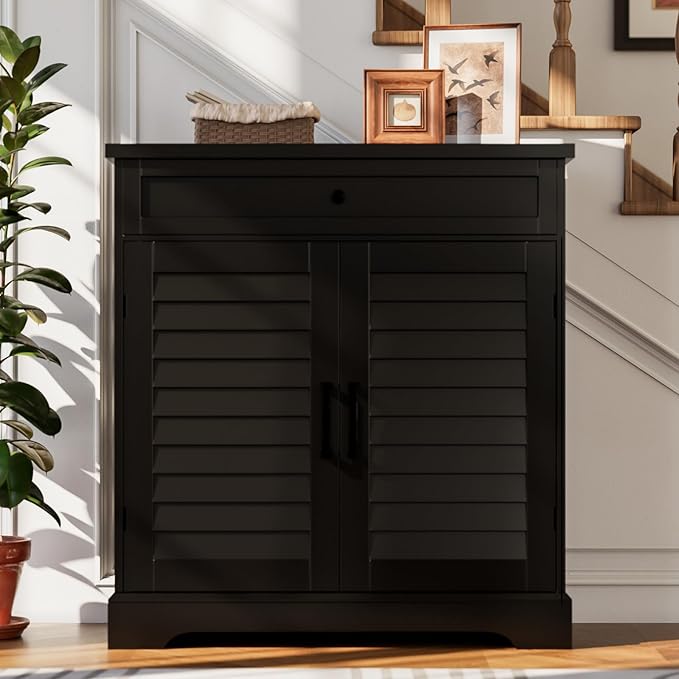 ChooChoo Shoe Cabinet with Doors, 4-Tier Shoe Storage Cabinet with Drawer and Shelves, Wooden Shoe Rack Organizer for Entryway, Hallway, Closet, Black