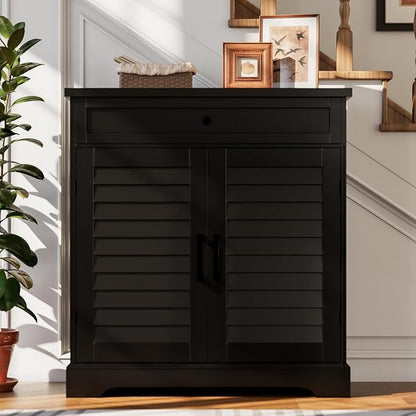 ChooChoo Shoe Cabinet with Doors, 4-Tier Shoe Storage Cabinet with Drawer and Shelves, Wooden Shoe Rack Organizer for Entryway, Hallway, Closet, Black