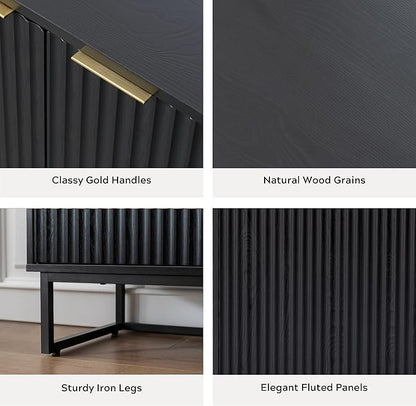 Fluted Storage Cabinet Sideboard Buffet Cabinet, Modern Accent Cabinets with Adjustable Shelves, Credenza Console Table Entryway Cabinets for Living Dining Room, Black
