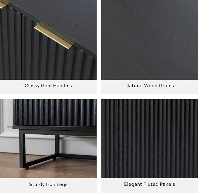 Fluted Storage Cabinets Set of 3, Sideboard Buffet Cabinet Modern Accent Cabinet with Adjustable Shelves, Credenza, Console Table Entryway Cabinets for Living Room, Black